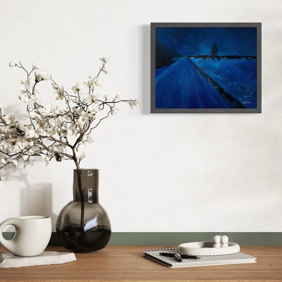 Original Oil Painting Landscape Winter Nocturne Blue Night Lights 8x10 Signed - Picture 4 of 7